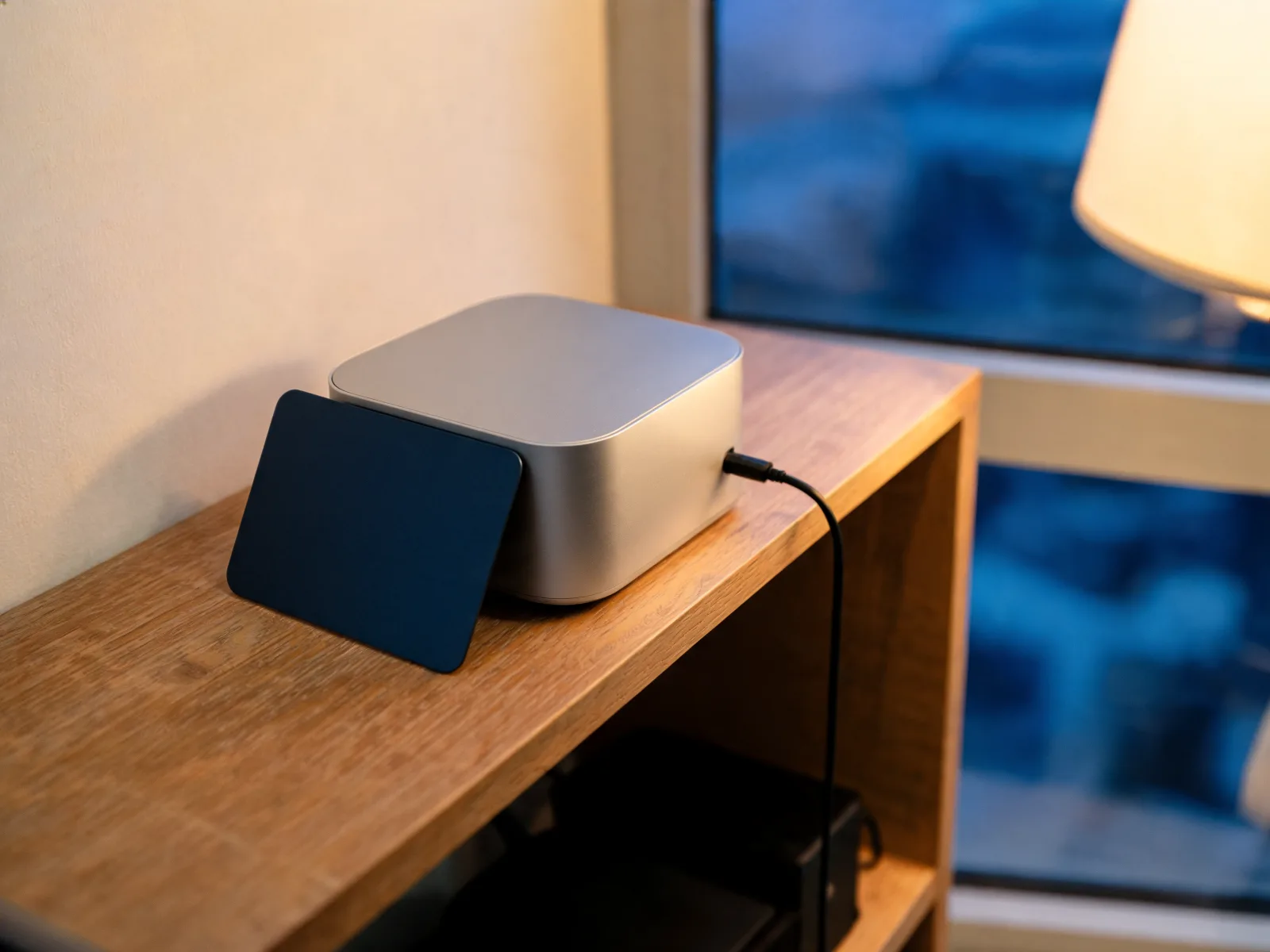 A small computer on a wooden shelf at dusk, with a small navy metal plate beside it.